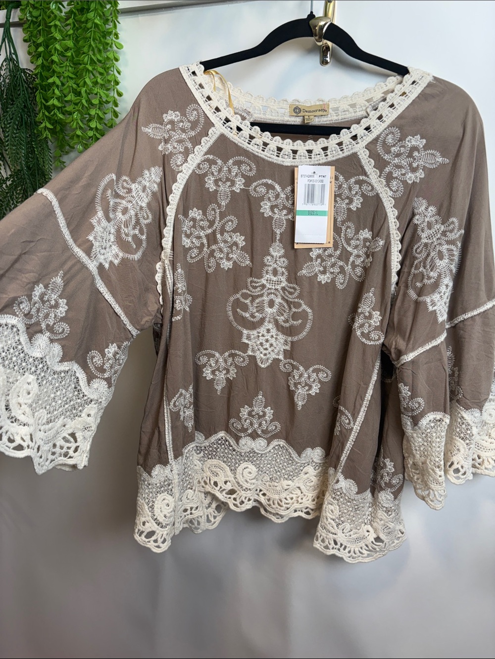 Democracy Taupe Blouse with Cream Crochet & Embroidery
